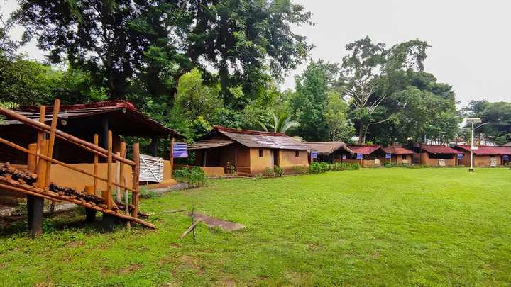 Traditional tribal houses on display in the grounds of the Anthropological Museum, Jagdalpur