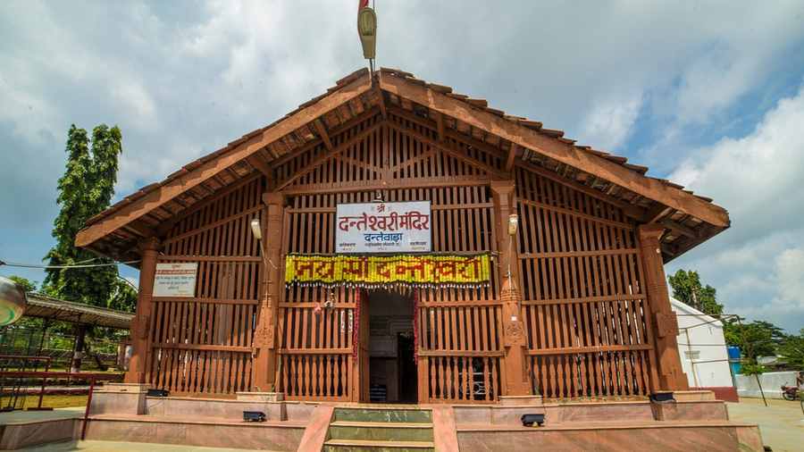 The carved wooden frontage of the Danteshwari temple at Dantewada