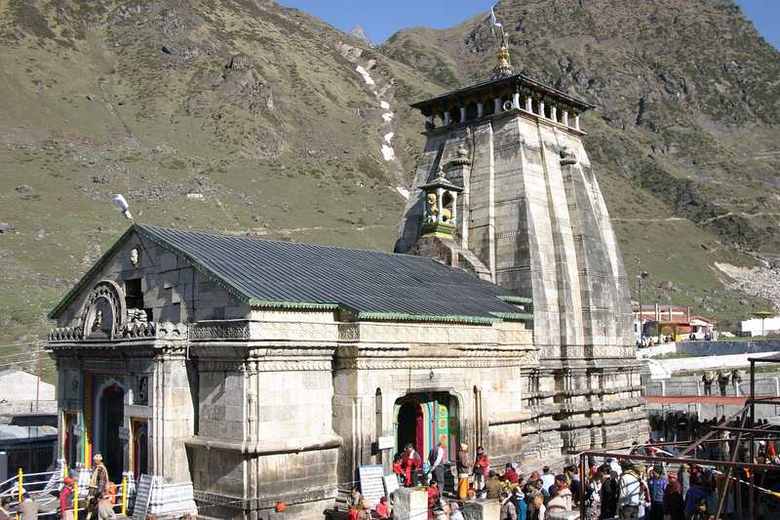 Kedarnath temple below snow-covered peaks in the Garhwal Himalaya