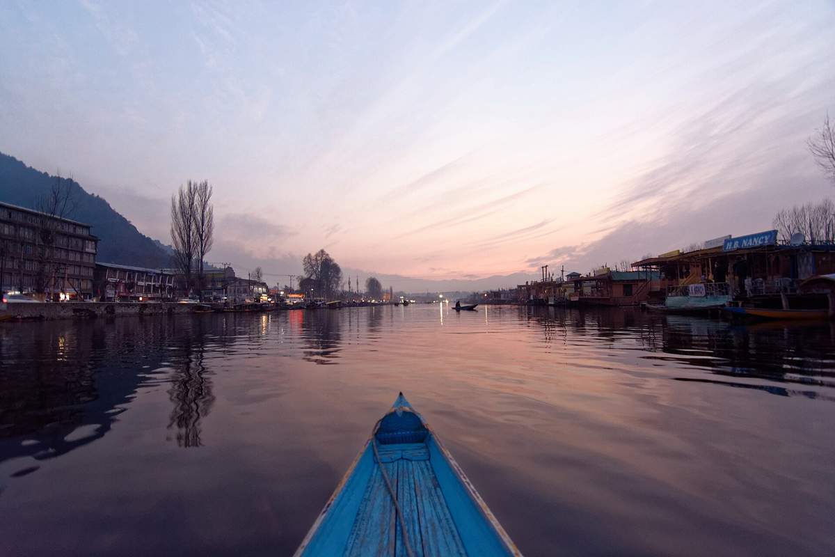 A shikara on Dal Lake at dusk, Srinagar