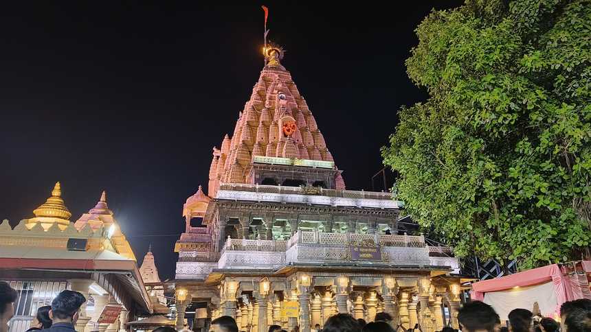 The Mahakaleshwar temple at Ujjain lit up at night