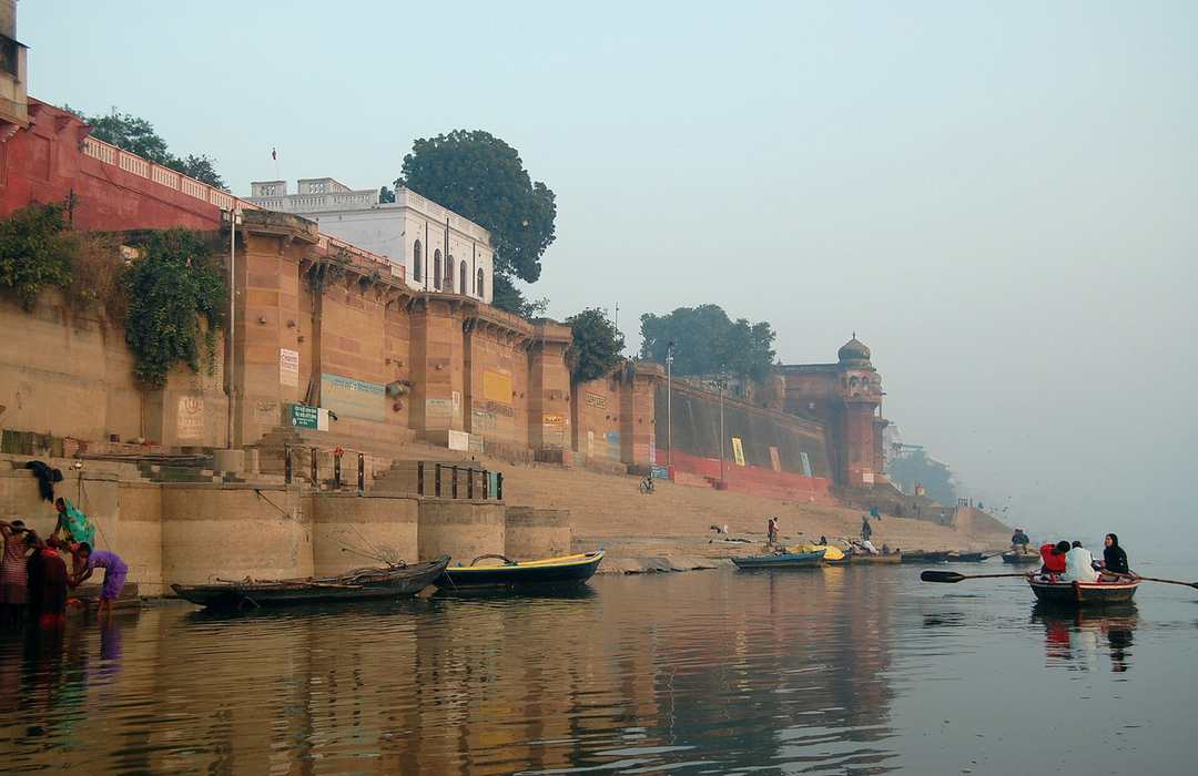 Stone ghats and boats along the Ganga at Varanasi