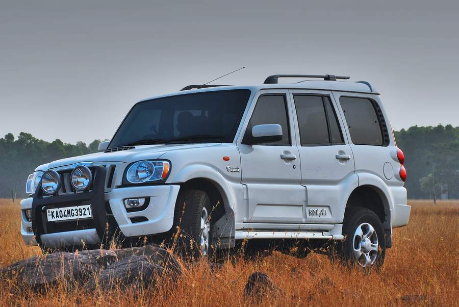 White Mahindra Scorpio SUV, front three-quarter view